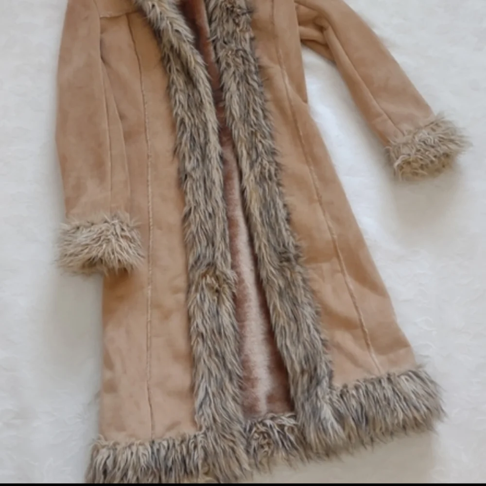 Penny Lane long coat faux fur trim faux shearling Faux Suede Hooded Vintage - Picture 2 of 13